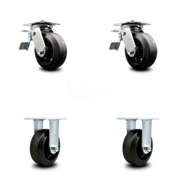 5 Inch Rubber on Steel Caster Set with Ball Bearings 2 Brakes 2 Rigid SCC